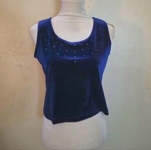 Vintage City Girl 1980s 1990s Bejeweled Navy Blue Velvet Sleeveless Top